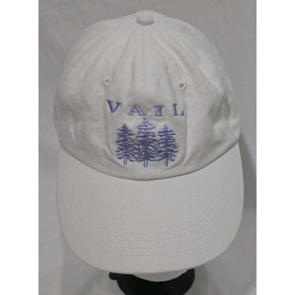 Vintage Vail Colorado Adjustable Hat White W Purple Embroidered Pines Preppy